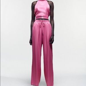 Zara Satin Cropped Top and Pants set in Fuchsia